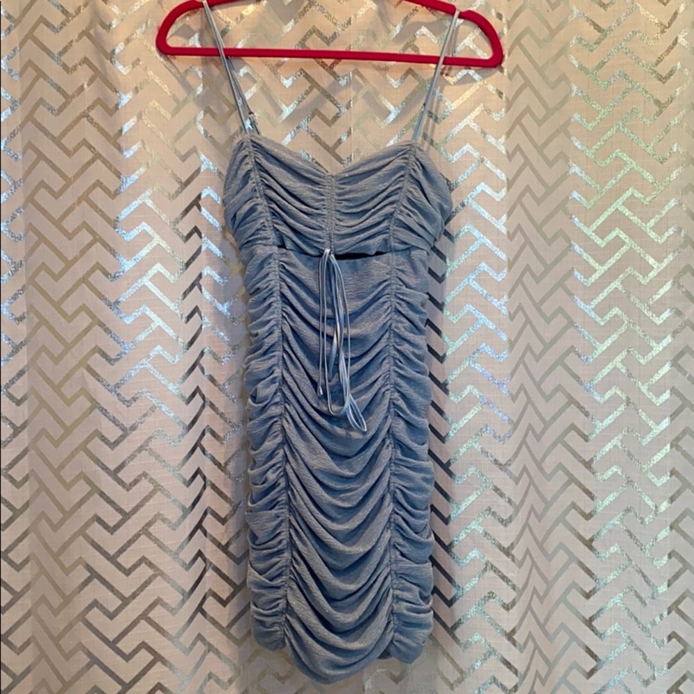 Light blue sparkly ruched mini dress